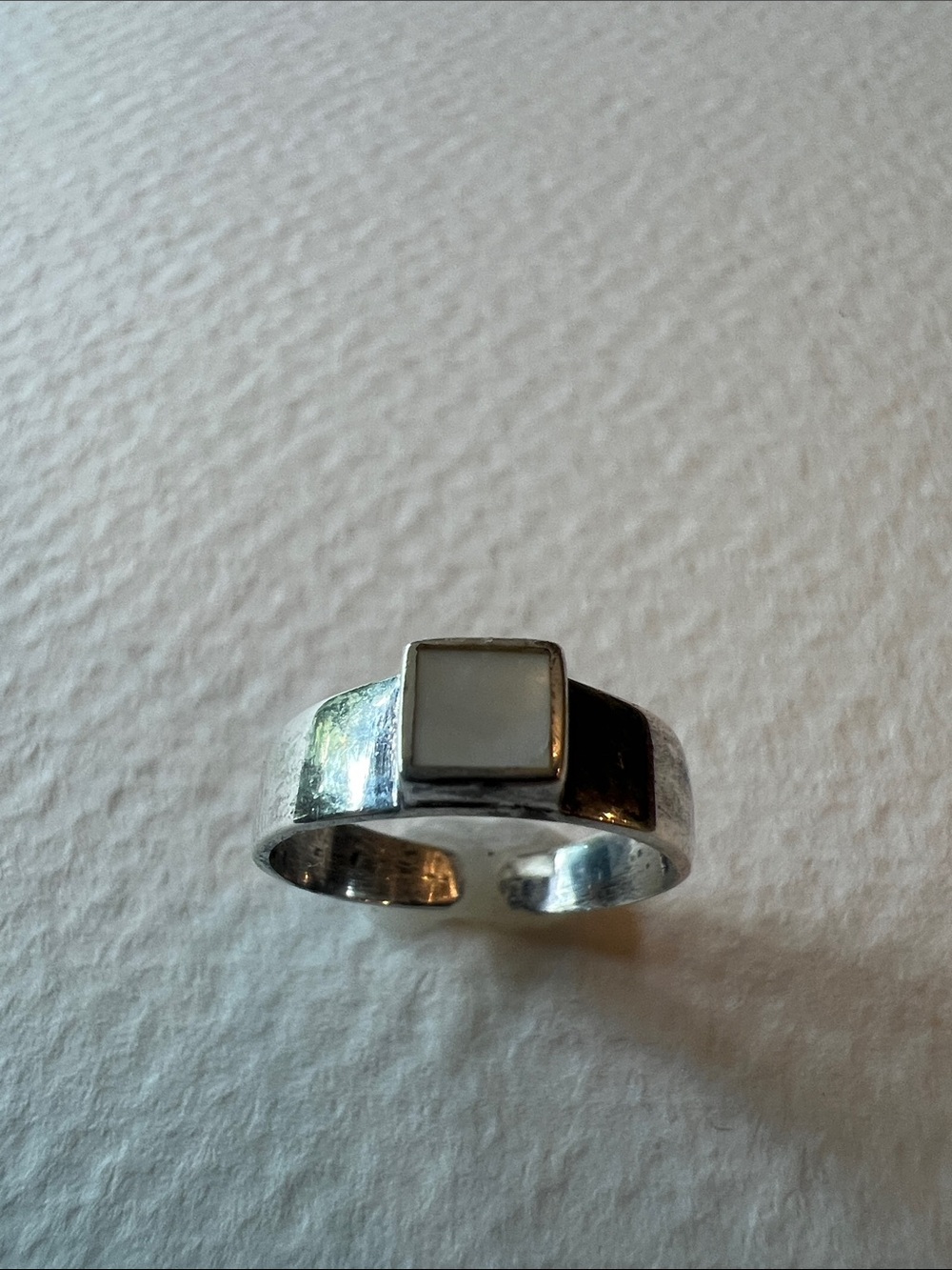 Tiny Adjustable Sterling Silver Square Inlay Ring with Mother of Pearl